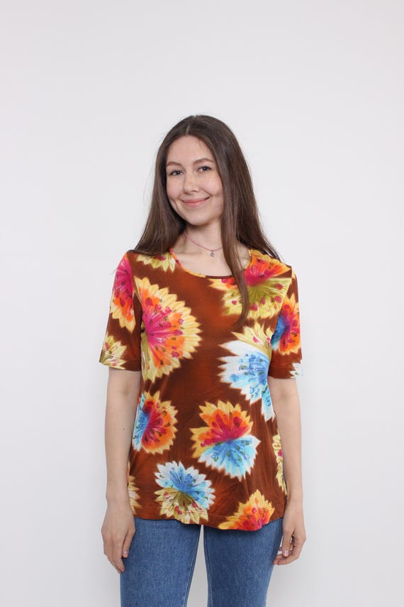 Y2k Floral Print Stretch Top Vintage 2000s Brown Watercolor Burst Short Sleeve M