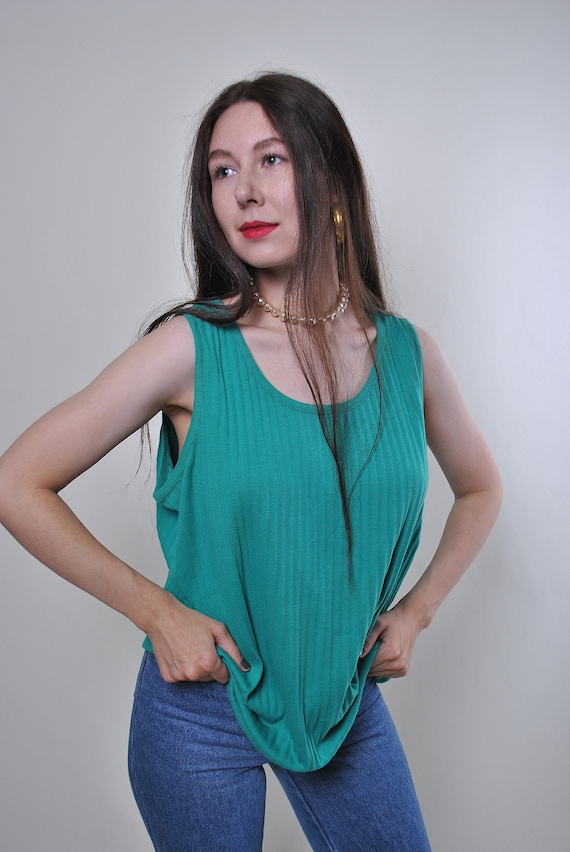 90s Vintage Striped Tank Top - Green Textured Knit, Size L
