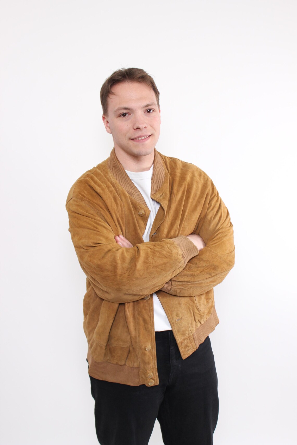 Vintage 80s Suede Leather Bomber Jacket L Brown Aviator Jacket Retro, foto 4 di 5