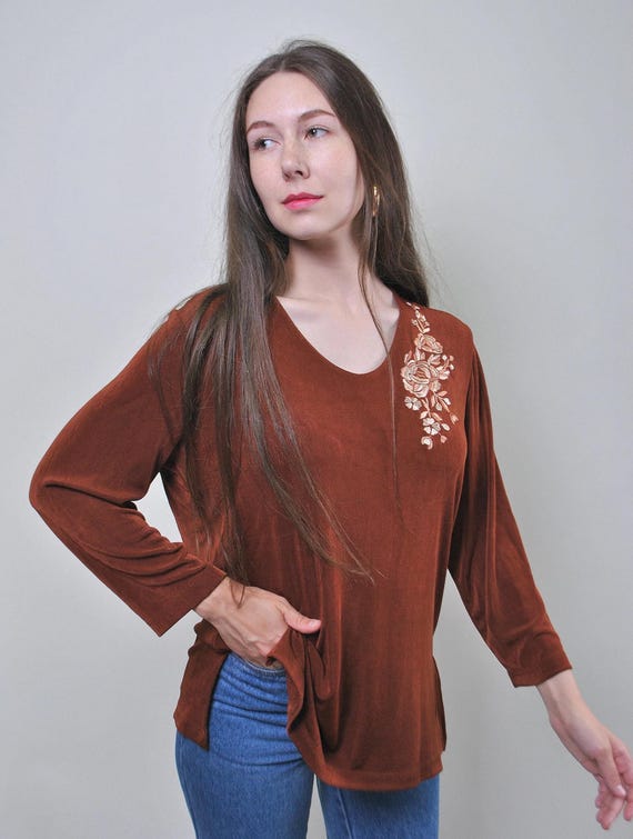 Rose Embroidered Rust Velvet Top Vintage 90s Floral Long Sleeve Pullover Blouse M