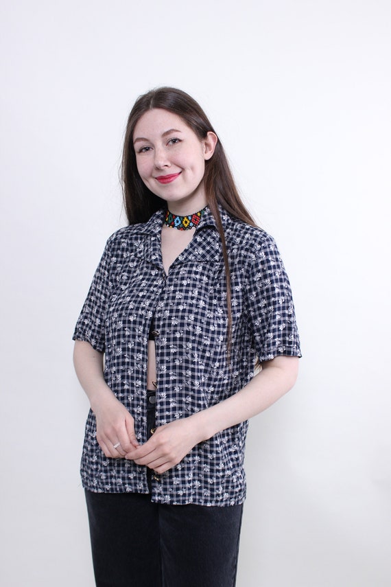 Navy Gingham Floral Blouse 90s Viscose Short Sleeve Button-Up Top M