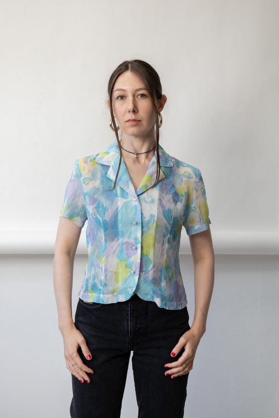 90s Pastel Watercolor Floral Blouse Vintage Sheer Cropped Notch Collar Shirt Size M