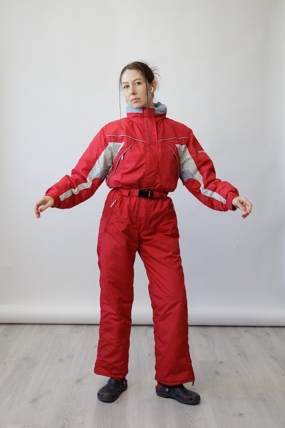 90s Brugi Red Grey Colorblock Vintage Ski Suit One Piece Snowsuit Reflective Size M