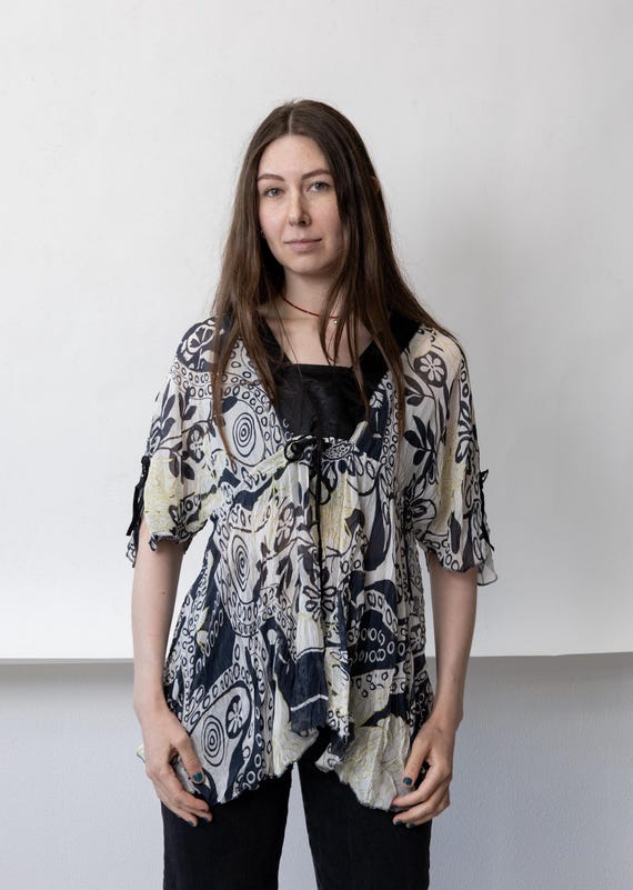 Y2k Boho Sheer Chiffon Tie Front Top Abstract Floral Handkerchief Hem Blouse Size M