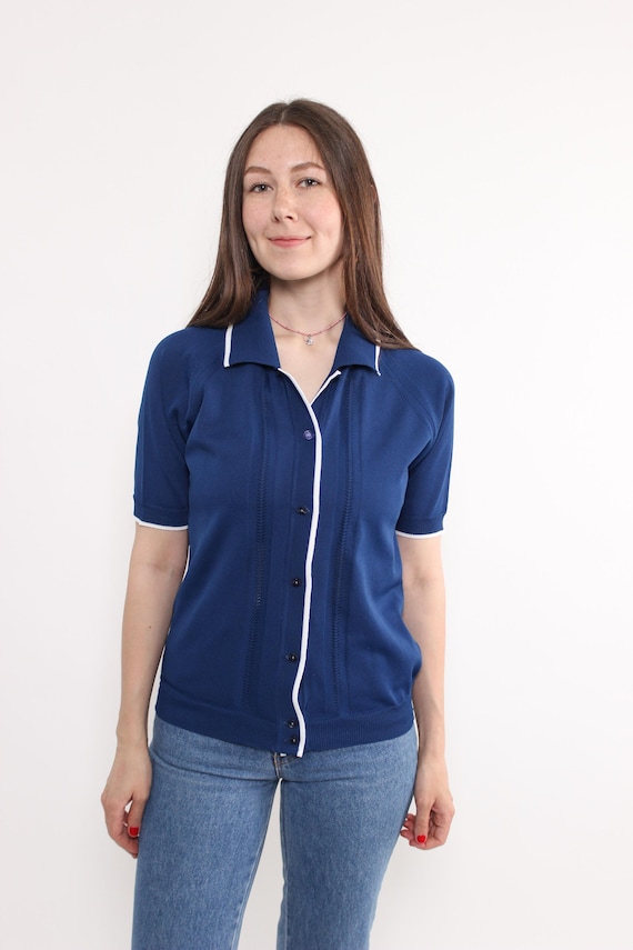 90s knit blouse in blue with short sleeve, vintage crop ribbed blouse, Size M
