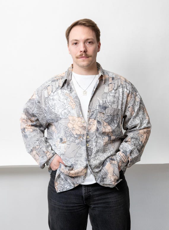 90s Grey Cityscape Print Shirt Vintage Oversized Long Sleeve Viscose Button Up Size XL