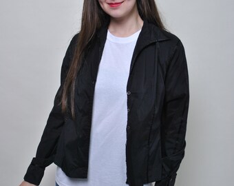 Vintage 90s Black Striped Blouse - Cotton Polyester Button Up (Size M)