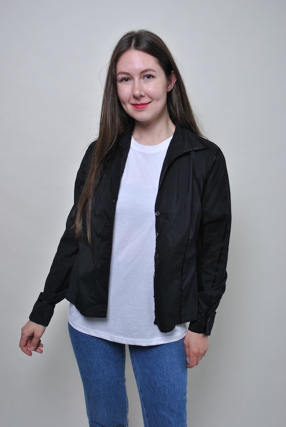Vintage 90s Black Striped Blouse - Cotton Polyester Button Up (Size M)