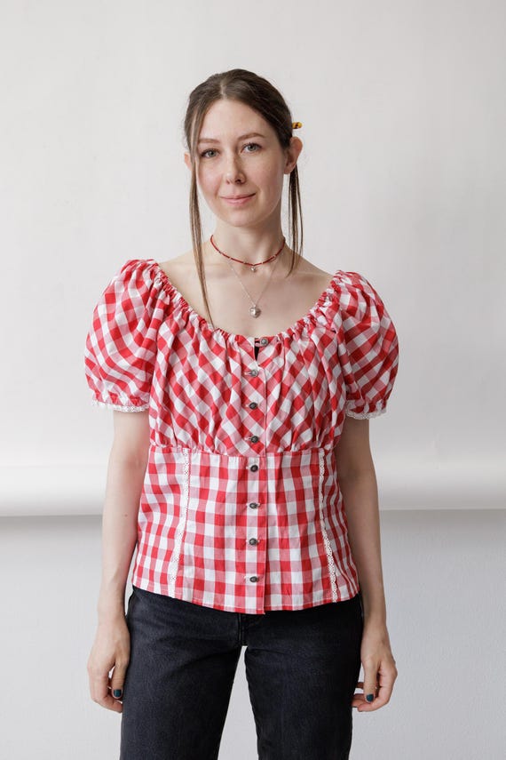 90s Red Gingham Dirndl Blouse Vintage Trachten Puff Sleeve Lace Trim Top Size M
