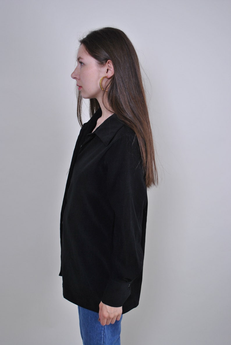 All Black Color Buttons up Shirt 90s 80s Vintage Womnes wmns Retro Long Cloak Oversize One color Long sleeve Shirt Spring Summer Outfit