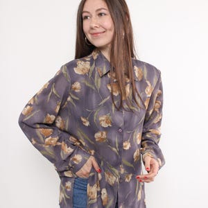 90s flowers print romantic blouse, vintage bohemian floral blouse in purple, Size L