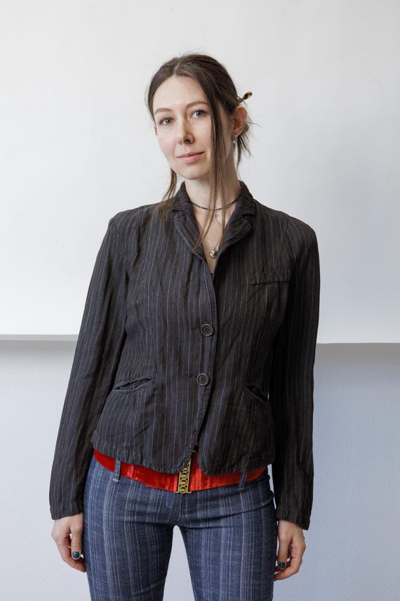 90s Grey Pinstripe Linen Blazer Vintage Fitted Notched Lapel Tailored Jacket M
