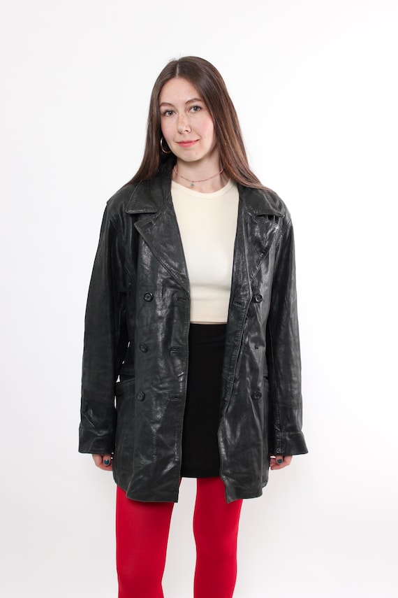 90s black leather peacoat for women Vintage double breasted hip length jacket, size XL