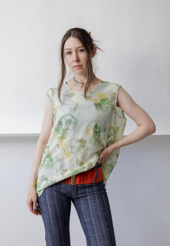 90s Watercolour Floral Sleeveless Blouse Vintage Sage Green Yellow Sheer Chiffon Shell Top L