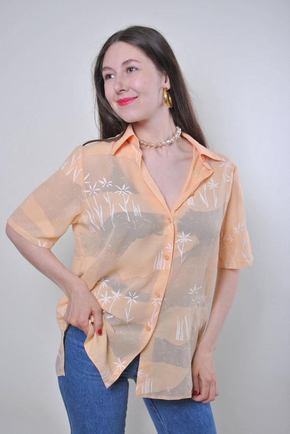 Sheer Peach Palm Print Blouse 90s Vintage Oversized Summer Shirt Size M