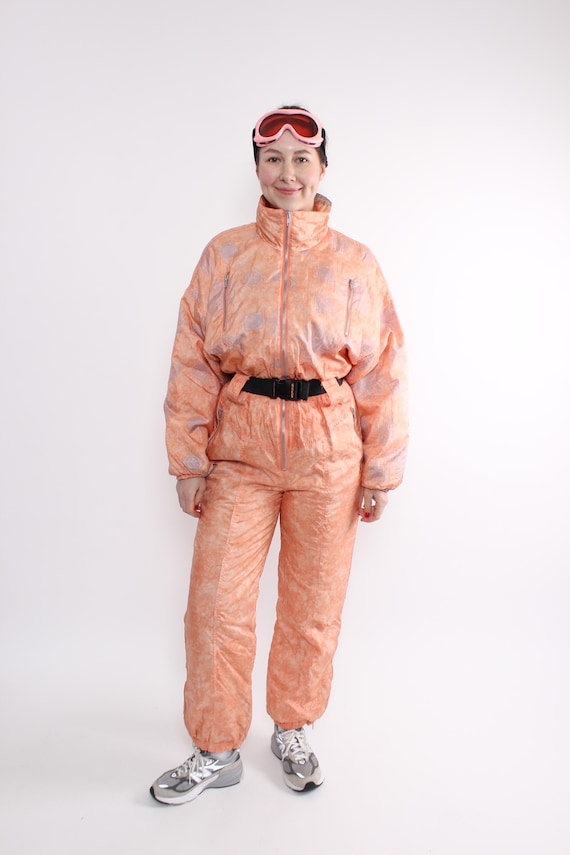 90s Peach Ski Suit Lilac Geometric Print One Piece Belted Snowsuit Womens M
