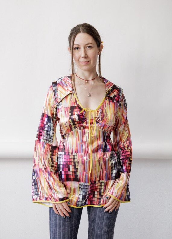 Y2K Multicolor Mosaic Print Bell Sleeve Blouse Plunge Tie Front Satin Party Top M