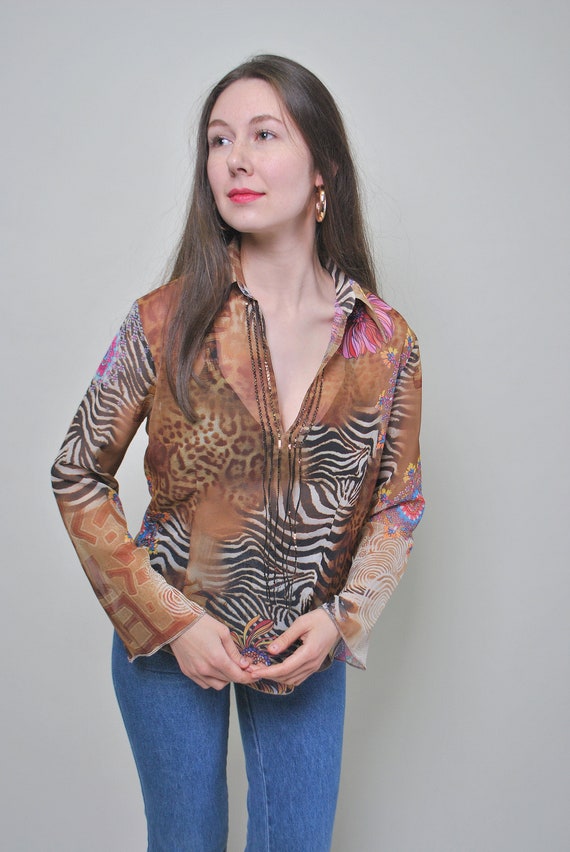 90s leopard print sheer blouse, vintage pullover v-neck multicolor patterned blouse, Size M