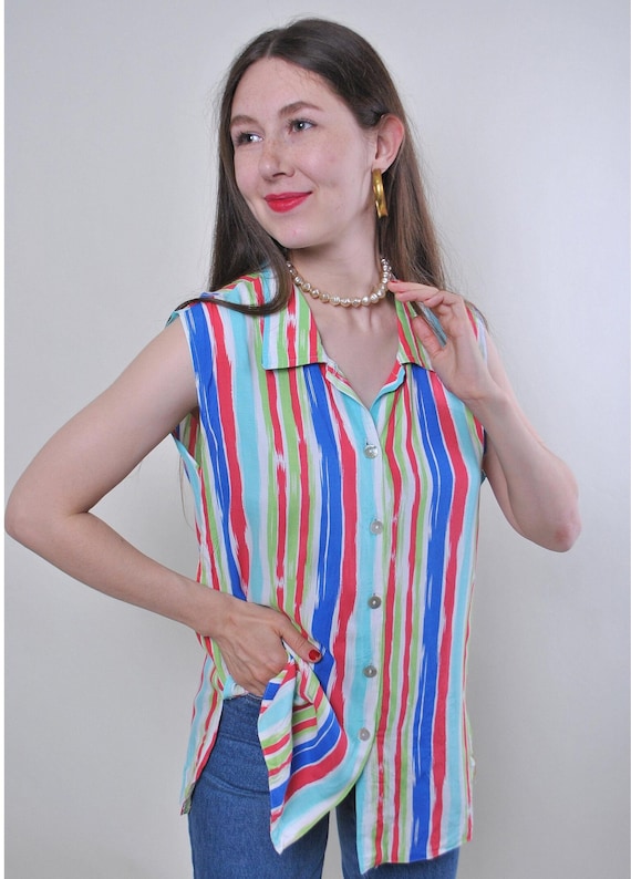 Vintage Multicolor striped blouse, 90s dopamine artsy print sleeves button-up  top, Size M