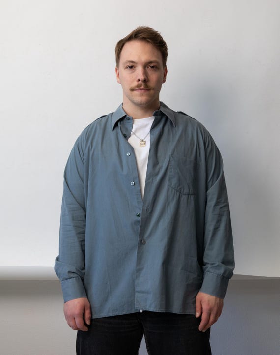 90s Blue Mens Shirt Long Sleeve Military Oversized L