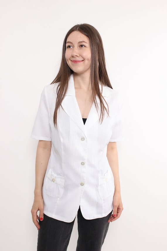 90s v-neck short sleeve blouse, vintage button front white blouse, Size M