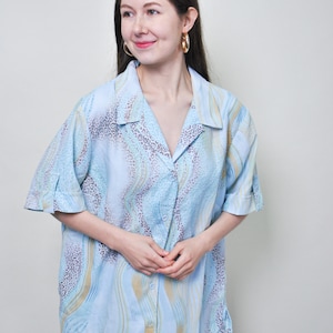 90s abstract print light blue blouse, vintage loose fit button front blouse, Size XL