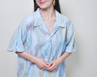 Oversized pattern blouse, 80s leopard shirt with short sleeve, vintage women summer festival rave shirt, large, Size XL