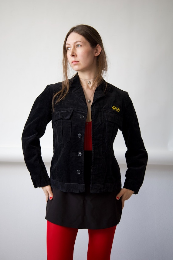 Black Corduroy Jacket Yellow Logo Patch Size M