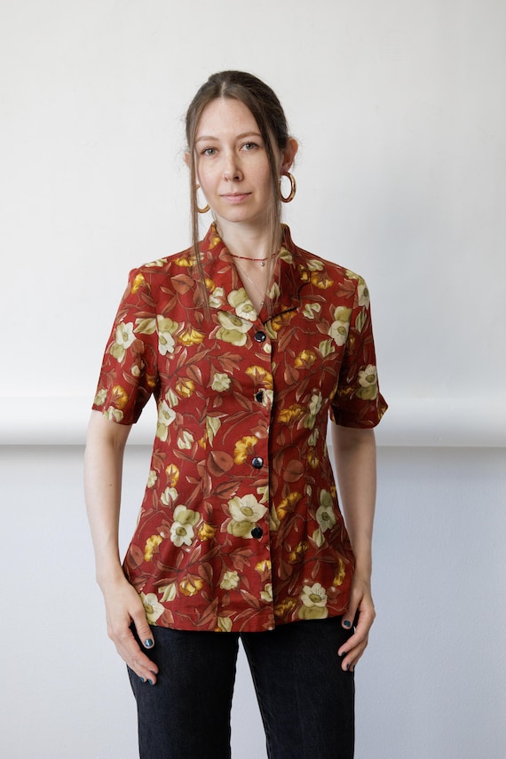 90s terracotta botanical blouse wide lapel collar rust magnolia print top, size Medium