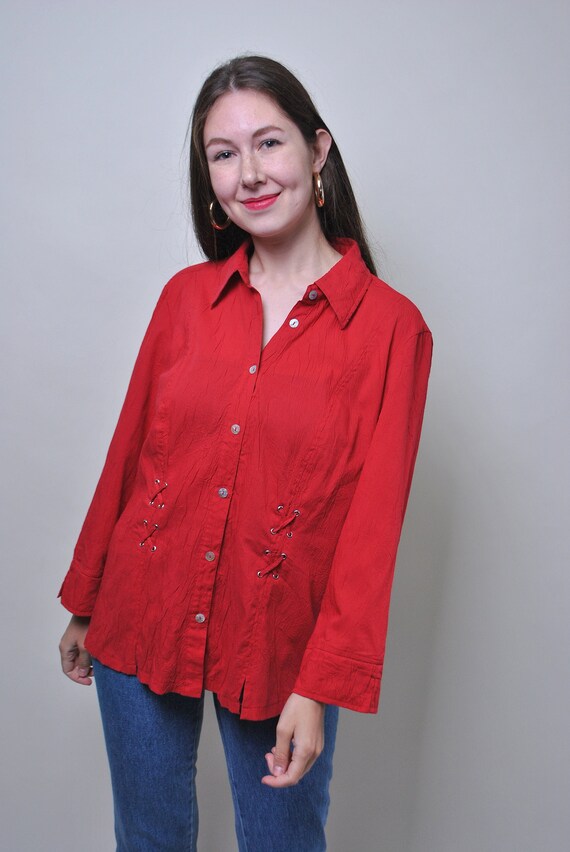 Camicetta rossa vintage camicia da donna a maniche larghe anni