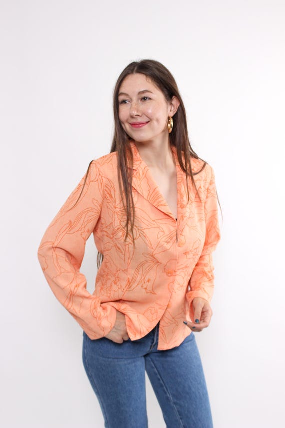 90s Peach Floral Blouse Vintage Fitted Notched Lapel Art Print Top Size M