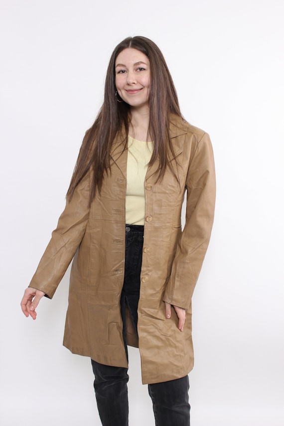 90s beige leather trench coat, woman vintage minimalist coat, Size M