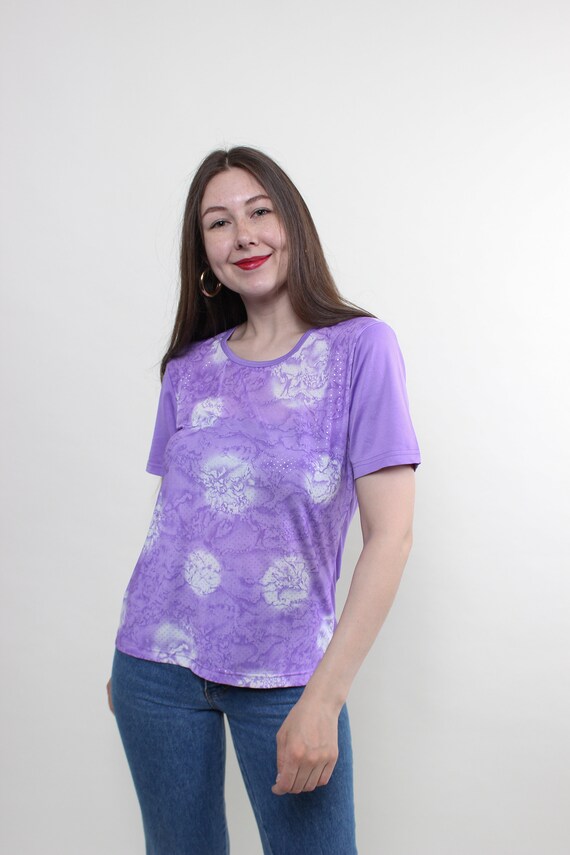 Y2K Lilac Marbled Print Top Rhinestone Crew Neck 2000s Fitted Stretch Blouse XL