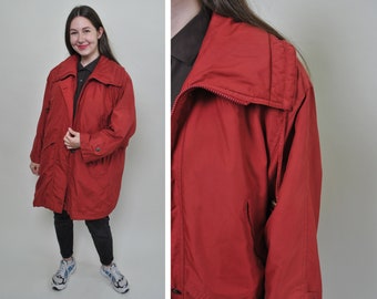 Oversized parka jacket, 90s cozy minimalist jacket vintage long oversize autumn fall outwear hipster parka red color jacket large, Size L