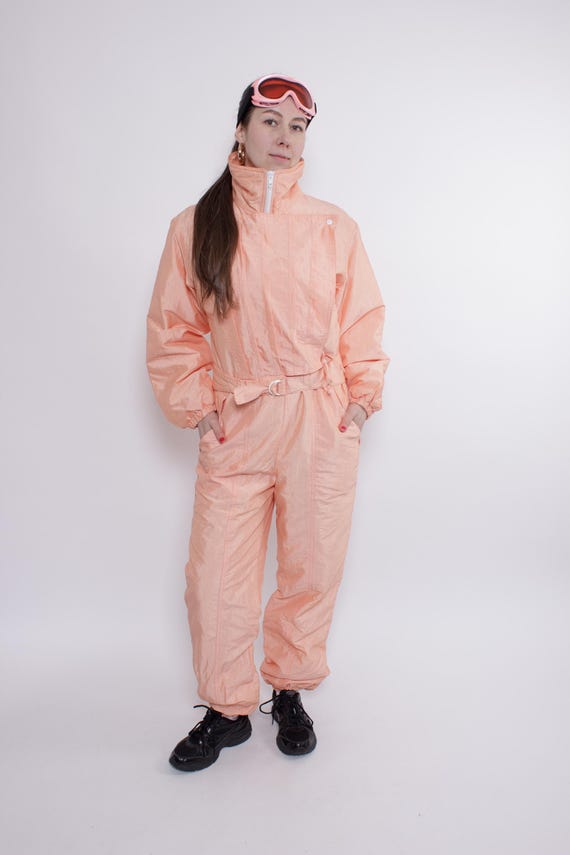 Vintage 80s Peach Ski Suit, Pastel One Piece Snowsuit, Retro Minimal Jumpsuit, Size M