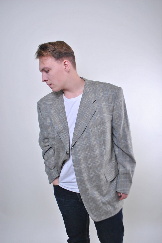 Grey plaid man suit classic vintage blazer, Size X