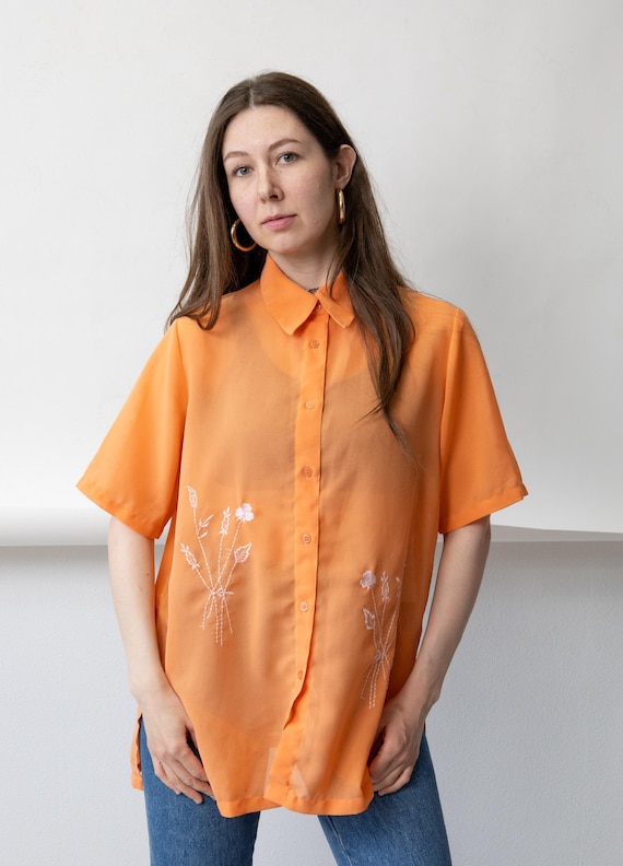 90s Sheer Orange Chiffon Blouse Vintage Embroidered Wildflower Cottagecore Long Tunic Size L