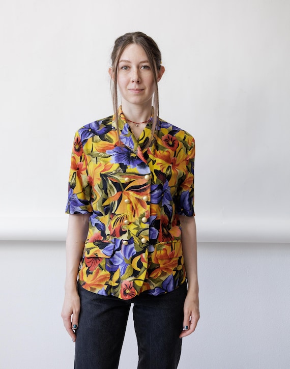 90s Linen Painterly Pansy Print Double Breasted Blazer Top Vintage Purple Floral Jacket S