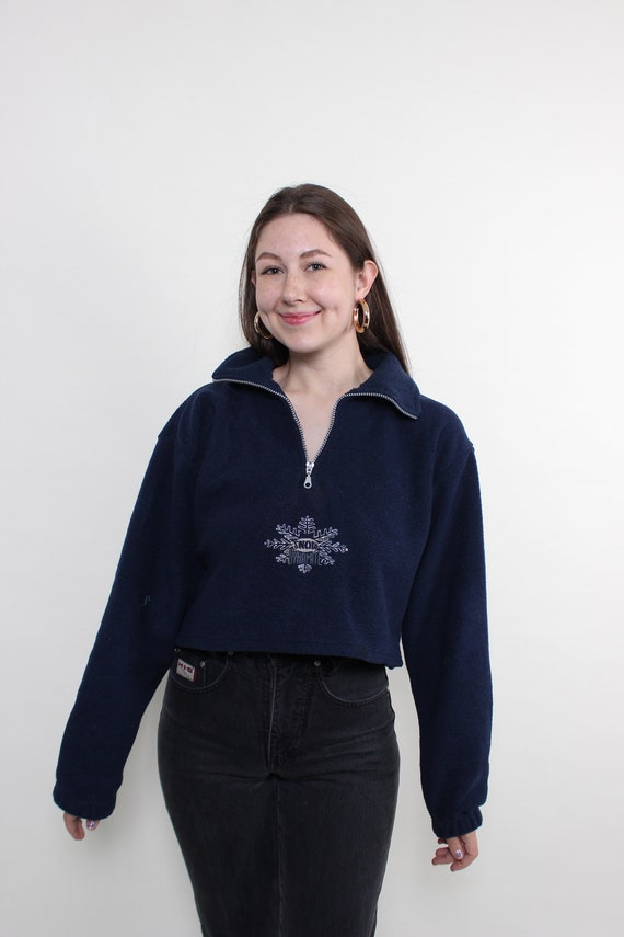 90s Vintage Blue Fleece Crop Sweatshirt: Embroidered Zip-Up, Size M