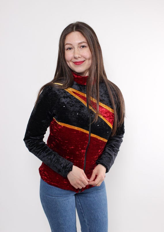 Vintage Crushed Velvet Color Block Jacket: Rhinestone Y2K Gothic Glam Performance (Size M)