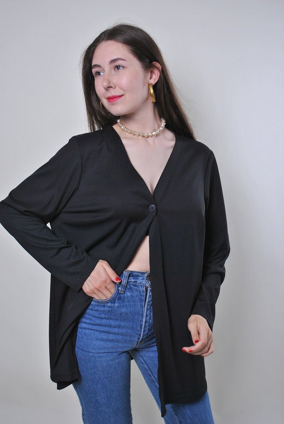 Black One-Button Draped Jacket, 90s Minimalist Deep V-Neck Longline Blazer, L/XL