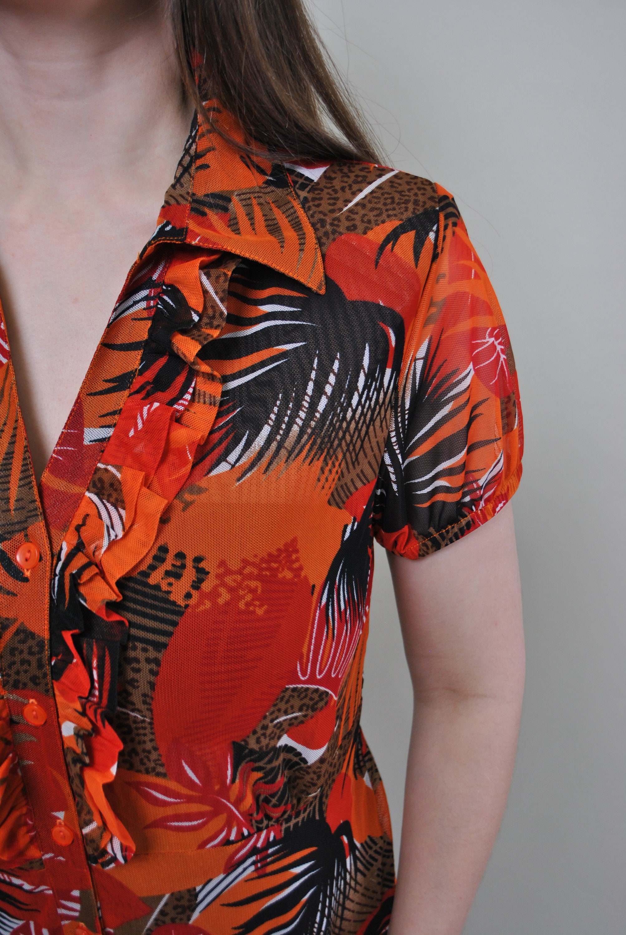 Tropical Print Ruffle Blouse, 70s-style Orange Botanical Button-up With ...