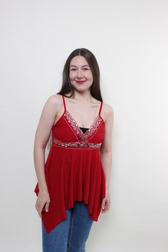 90s rhinestones tank top in red, vintage deep v-neck sexy dance top, Size M