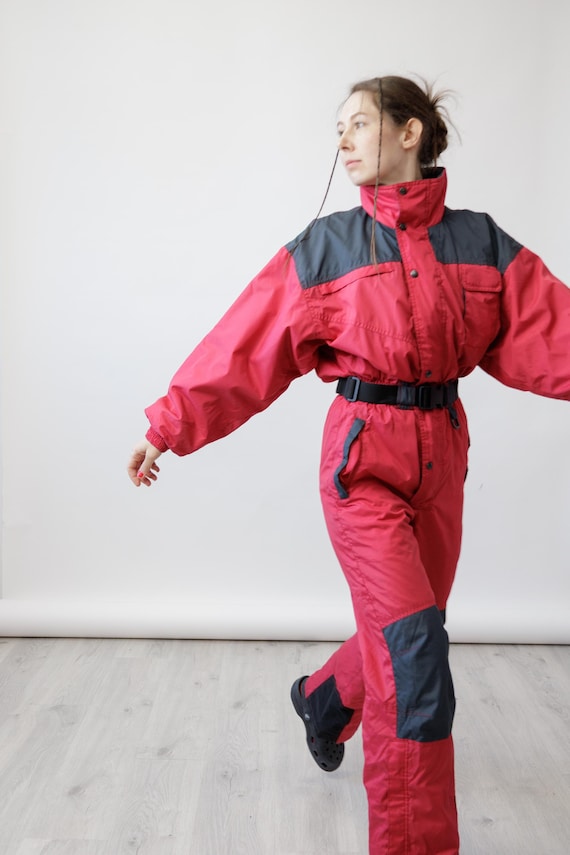 Raspberry Red Charcoal Colorblock Belted Vintage Ski Suit Jumpsuit with Hood Size L