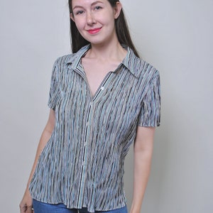 90s Vintage Striped Blouse: Multicolor Short Sleeve Button-Up, Size XL