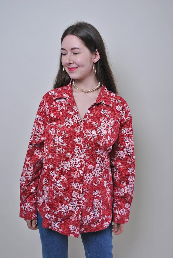 Vintage Flowers Red Blouse Roses Print Woman Button Down | Etsy