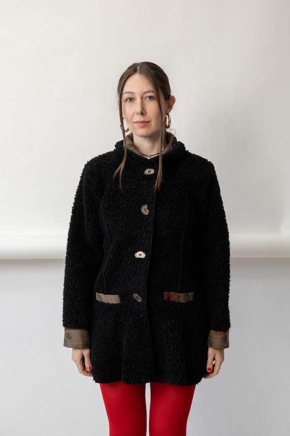 90s Black Teddy Coat Vintage Floral Tapestry Trim Sherpa Granny Chic Jacket Size M