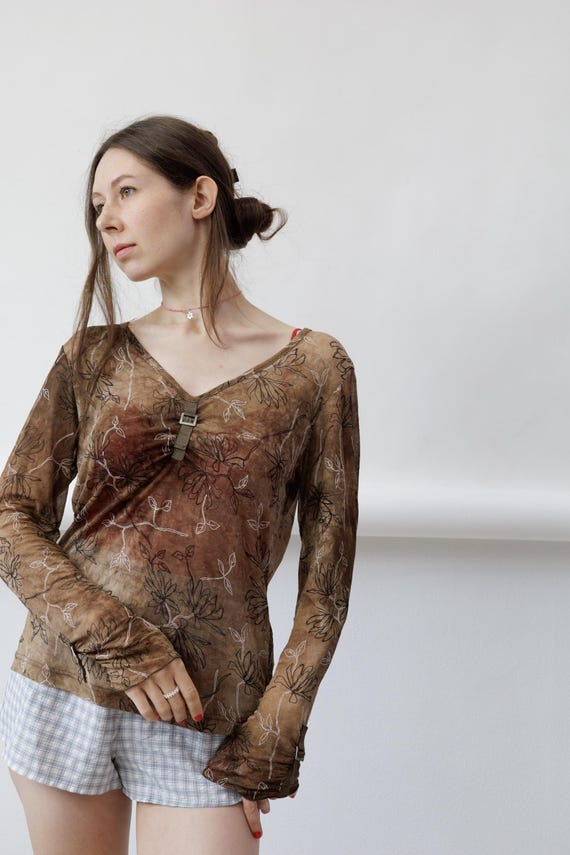 Y2K Brown Tie Dye Mesh Vintage Top Line Art Floral Buckle Neck Size M