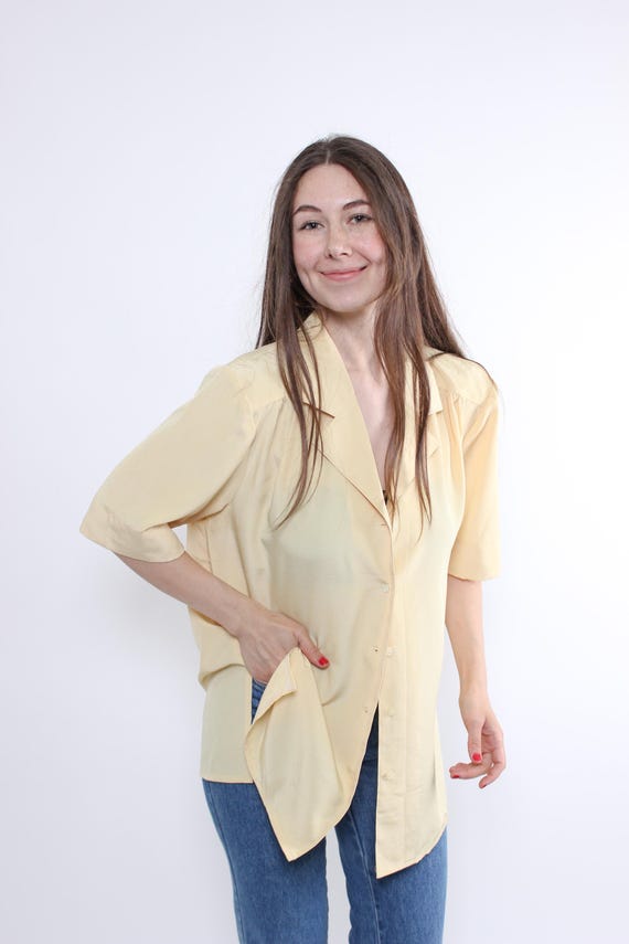 Vintage 90s Butter Yellow Blouse, Cream Satin Pleated Yoke Wide Collar, Size L