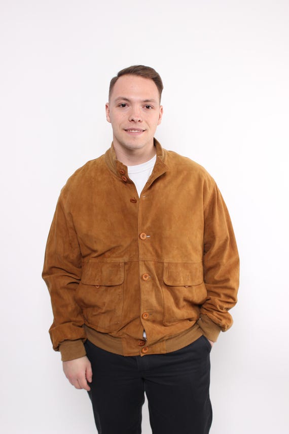 Vintage 80s Brown Leather Bomber Jacket L Suede Western Style Jacket Button Closure